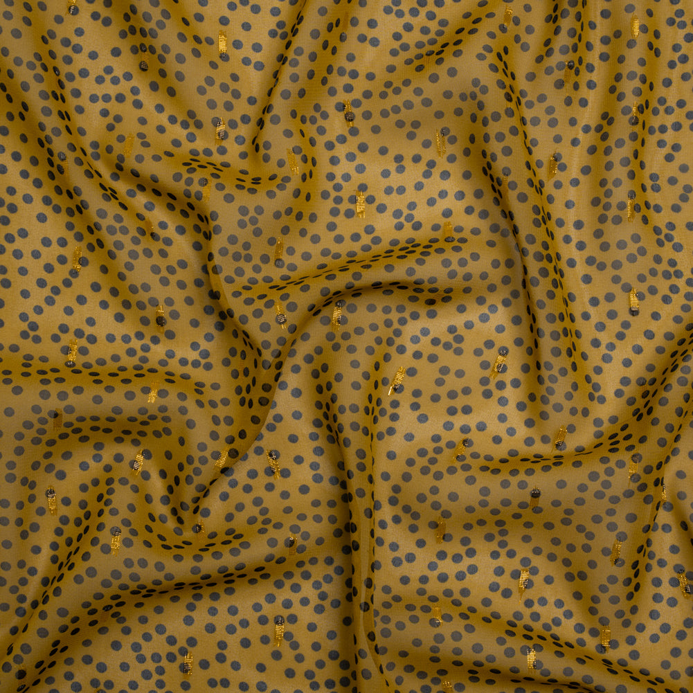 Polyester Chiffon with Gold Metallic Dots - Golden Olive and Black Little Dots - Made in Italy