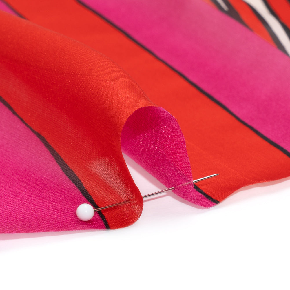 Polyester Voile Panel - Pink, Red and Cream Stripes and Hypnotic Squares - Made in Italy