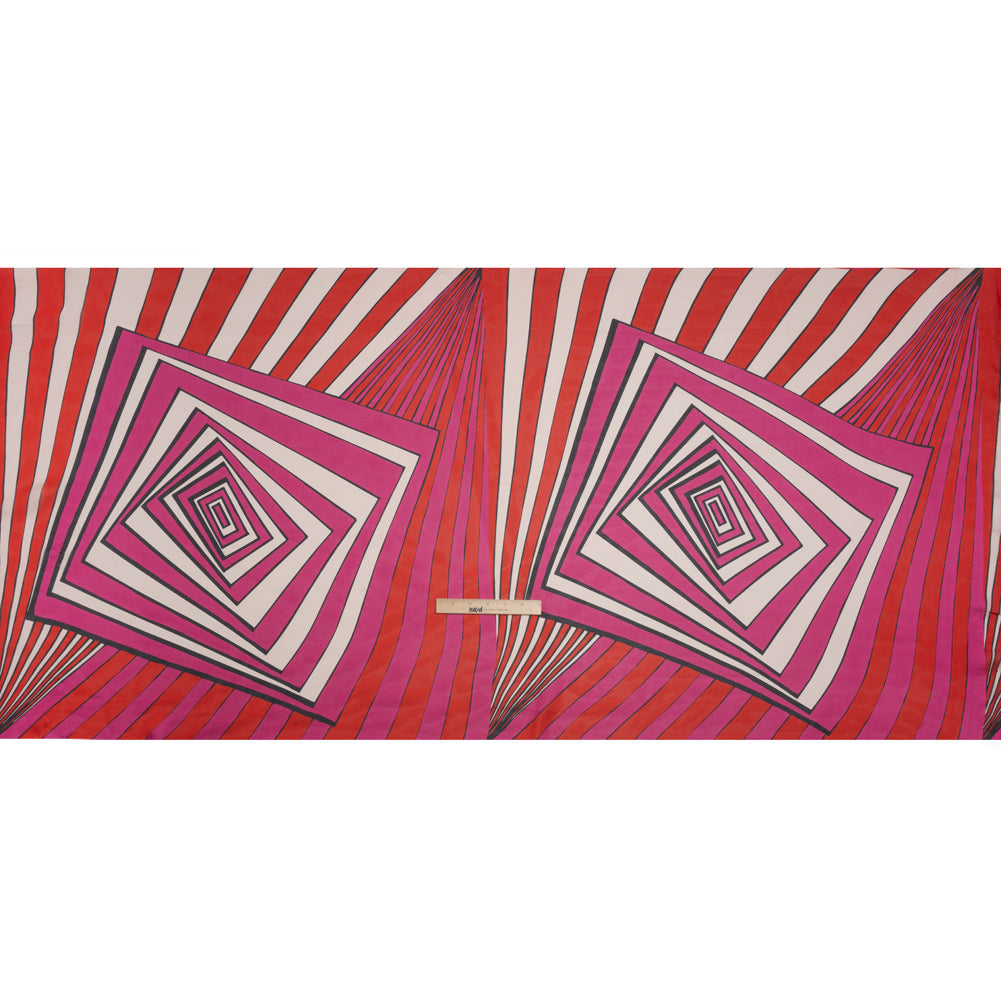 Polyester Voile Panel - Pink, Red and Cream Stripes and Hypnotic Squares - Made in Italy