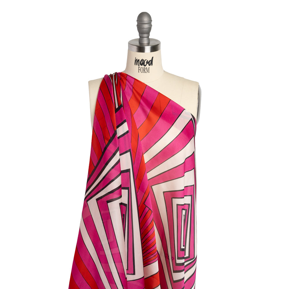 Polyester Voile Panel - Pink, Red and Cream Stripes and Hypnotic Squares - Made in Italy
