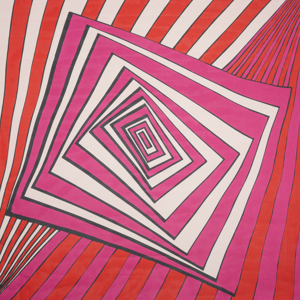 Polyester Voile Panel - Pink, Red and Cream Stripes and Hypnotic Squares - Made in Italy