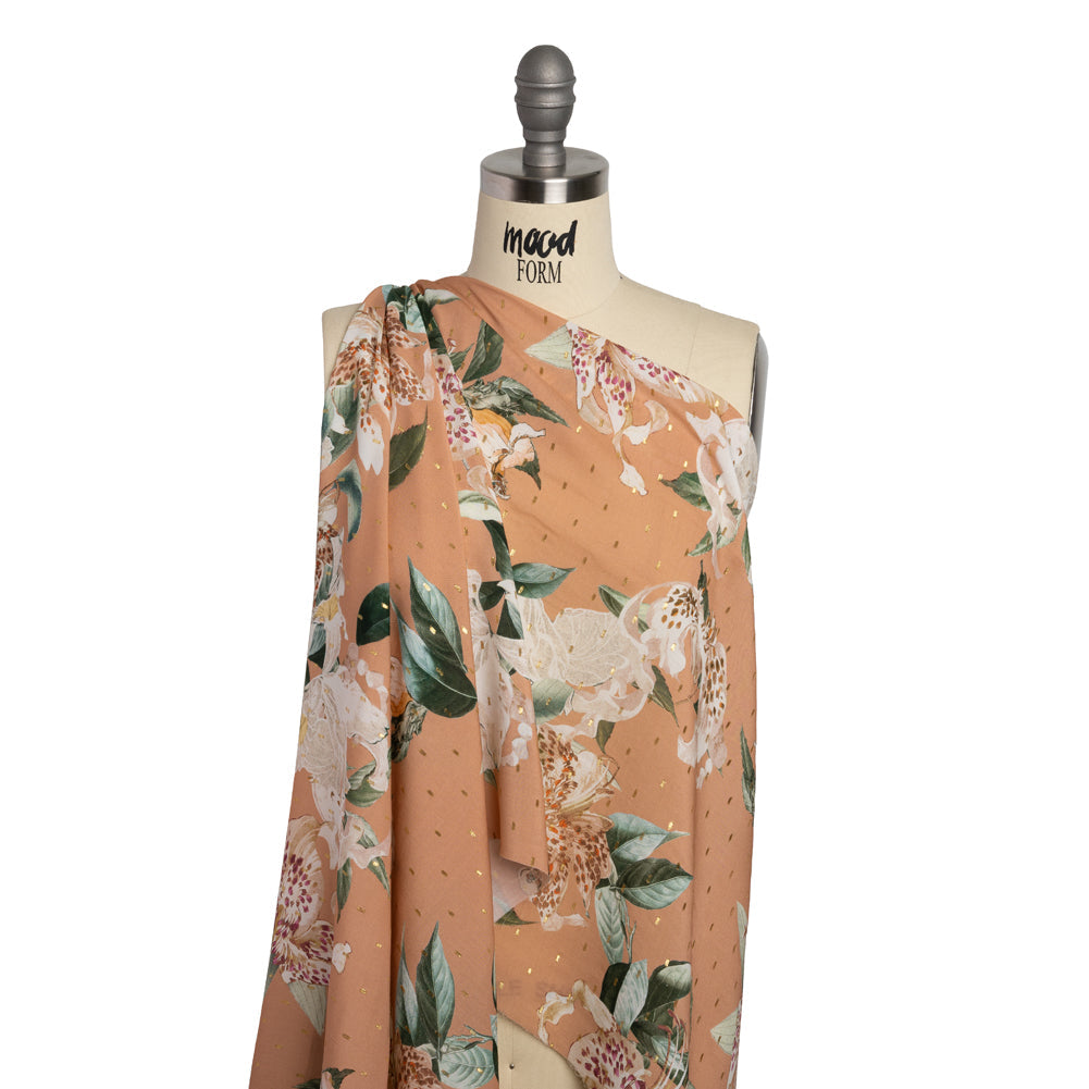 Rayon Batiste with Metallic Dots - Peach, White and Green Floral