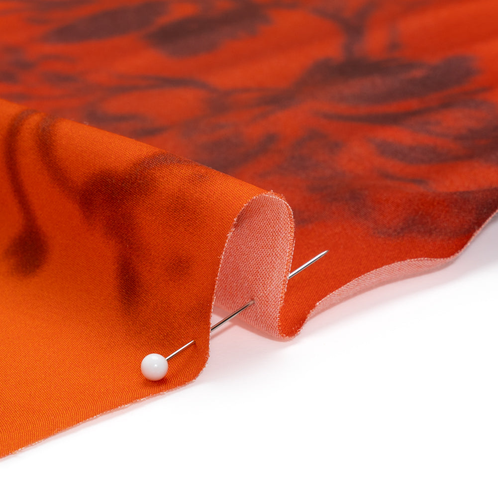 Satin-Faced Rayon Twill - Orange and Black Hazy Florals - Made in Italy