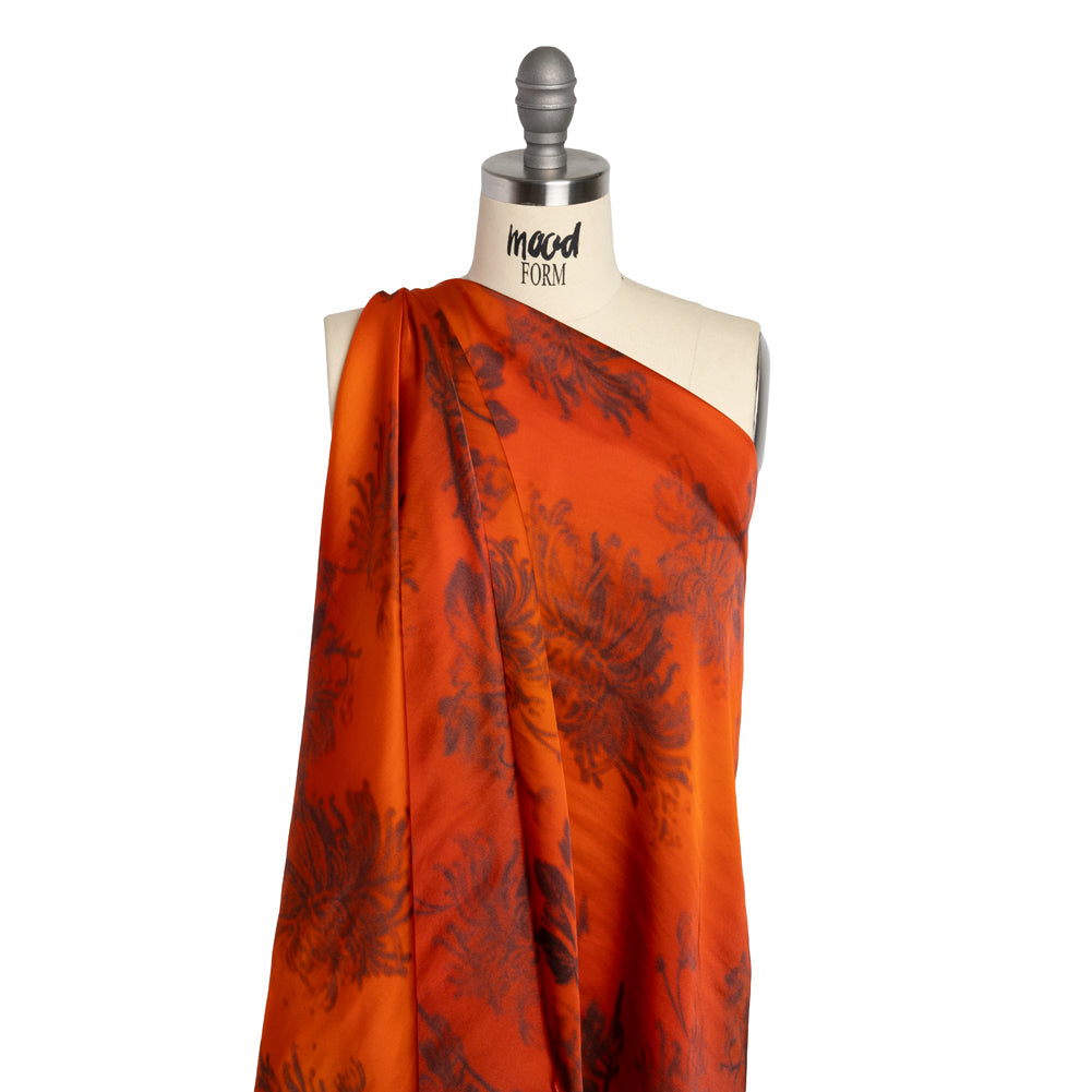 Satin-Faced Rayon Twill - Orange and Black Hazy Florals - Made in Italy