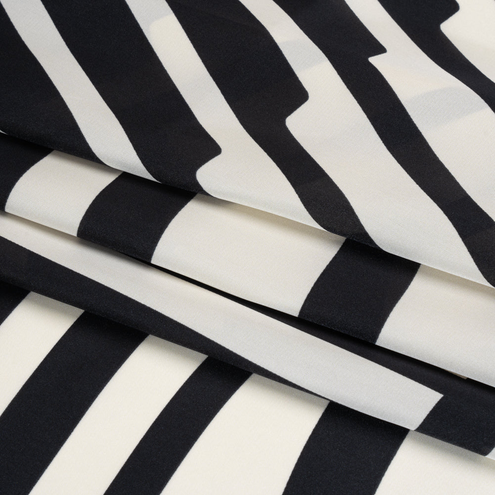 Satin-Faced Polyester Twill - Black and Ivory Geometric Stripes - Made in Italy