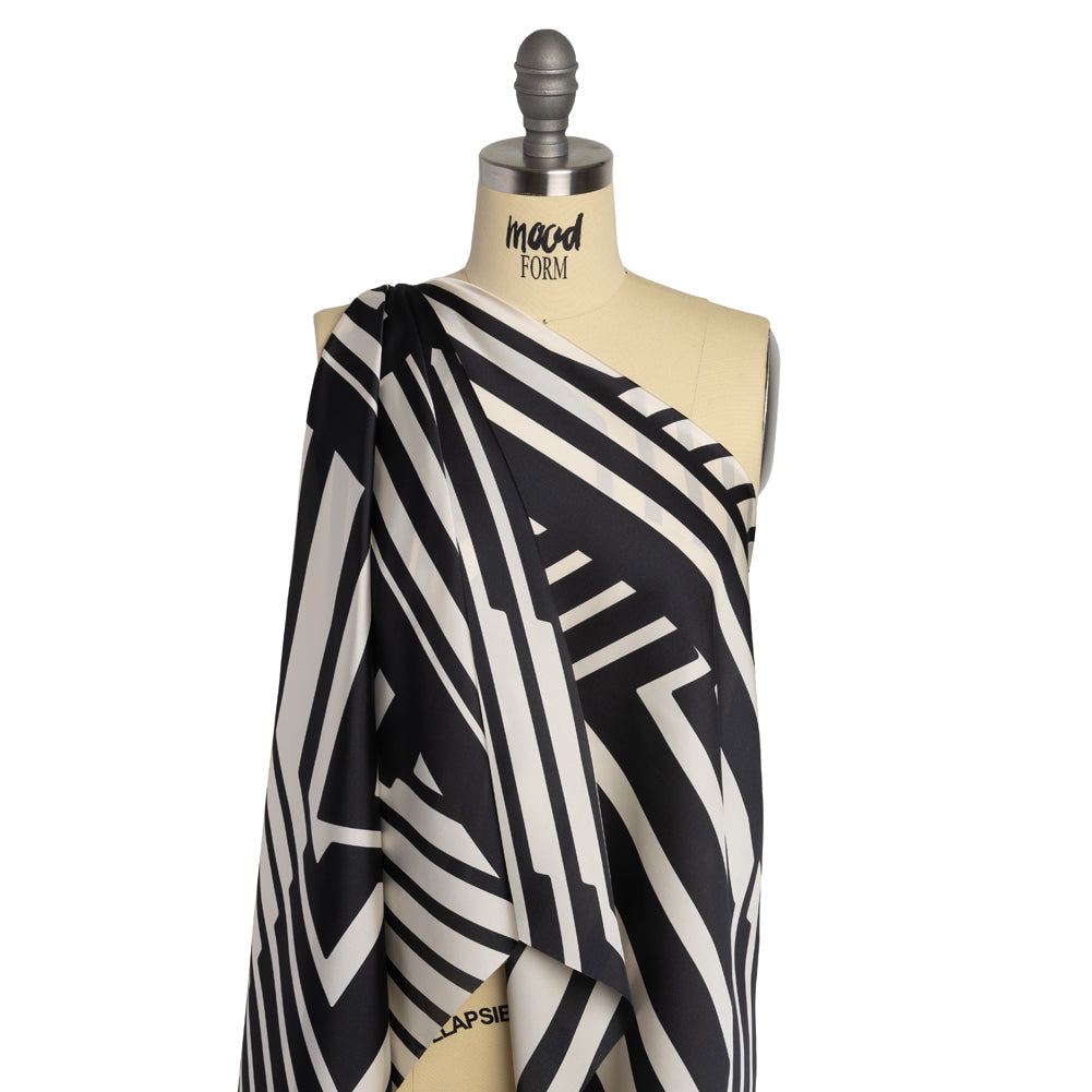 Satin-Faced Polyester Twill - Black and Ivory Geometric Stripes - Made in Italy
