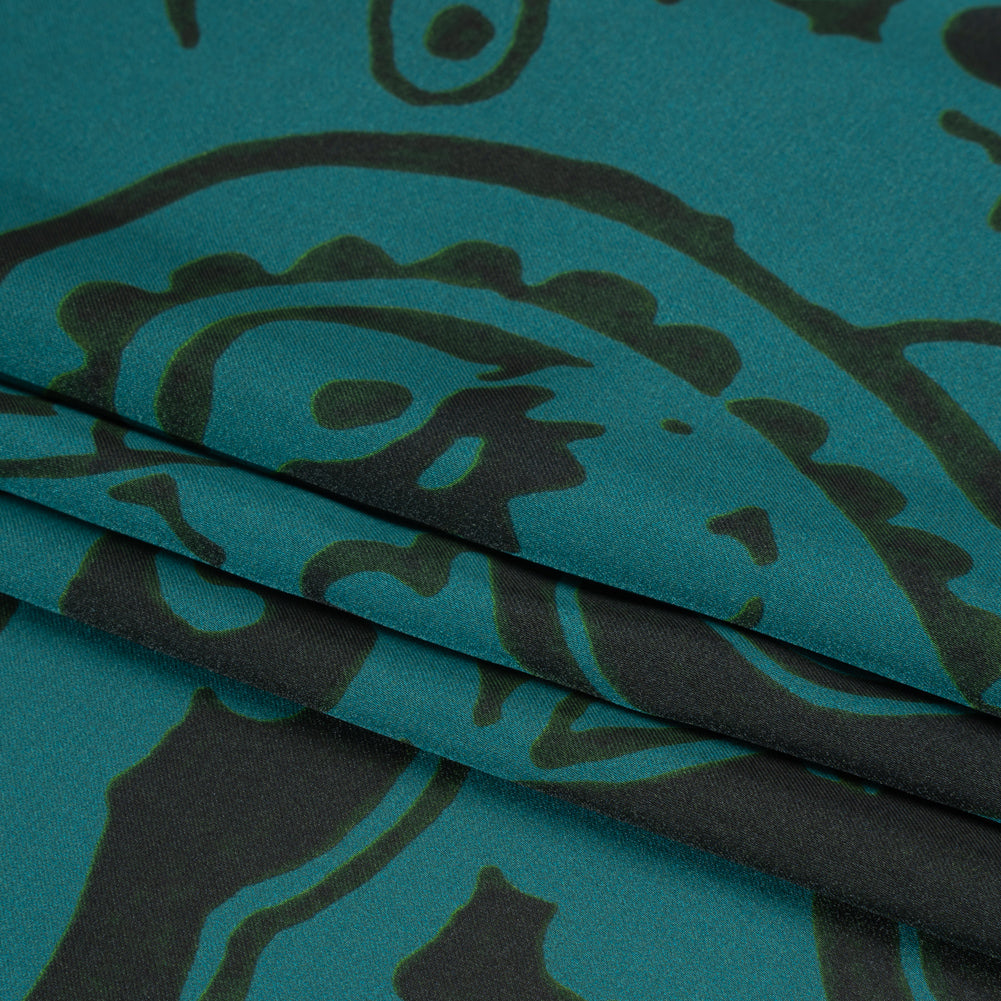 Polyester Charmeuse - Dark Green and Teal Paisley - Made in Italy