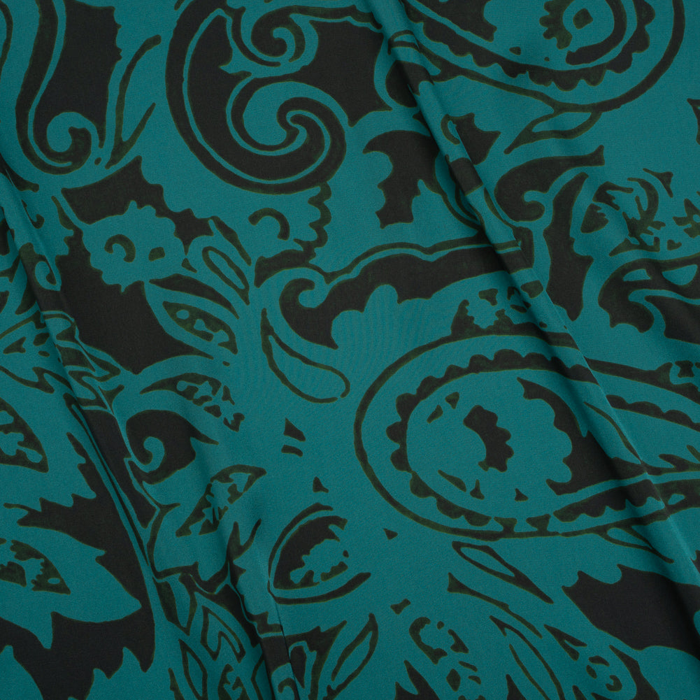 Polyester Charmeuse - Dark Green and Teal Paisley - Made in Italy
