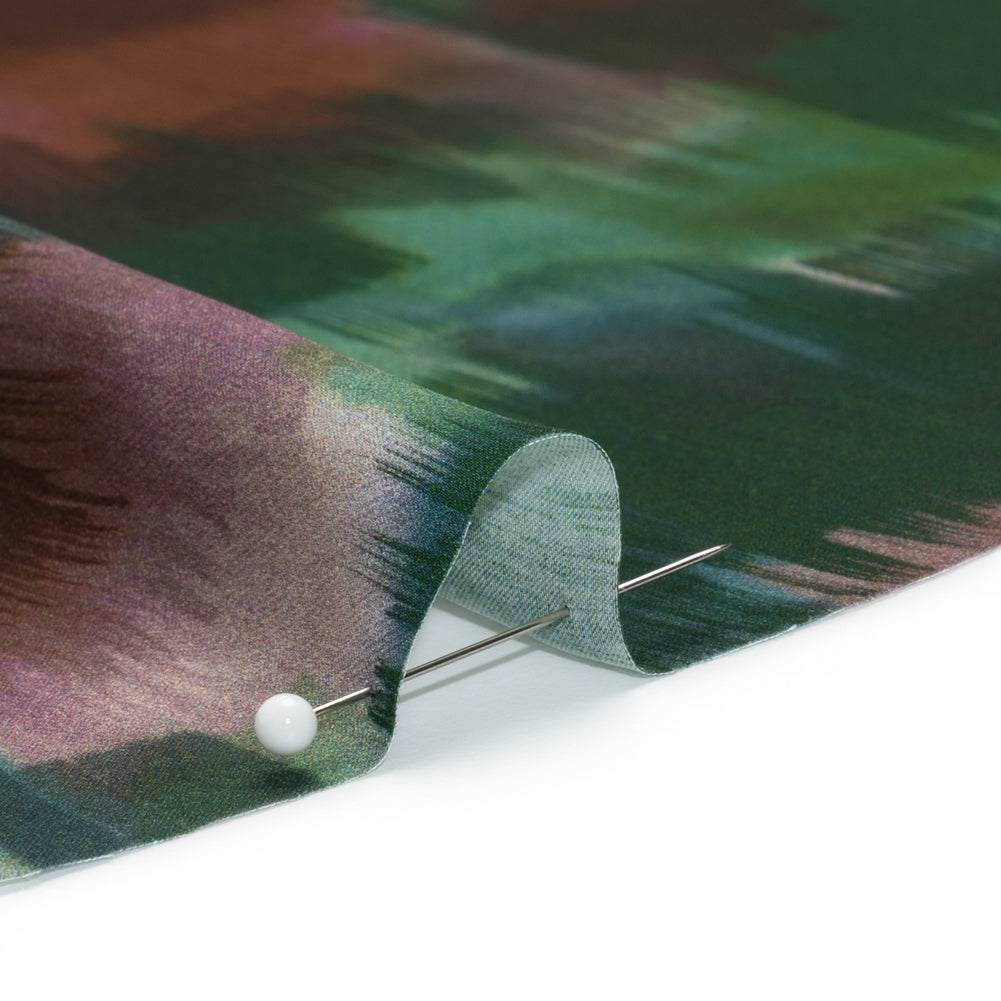 Polyester Charmeuse - Hunter Green, Brown and Plum Purple Brushstrokes - Made in Italy