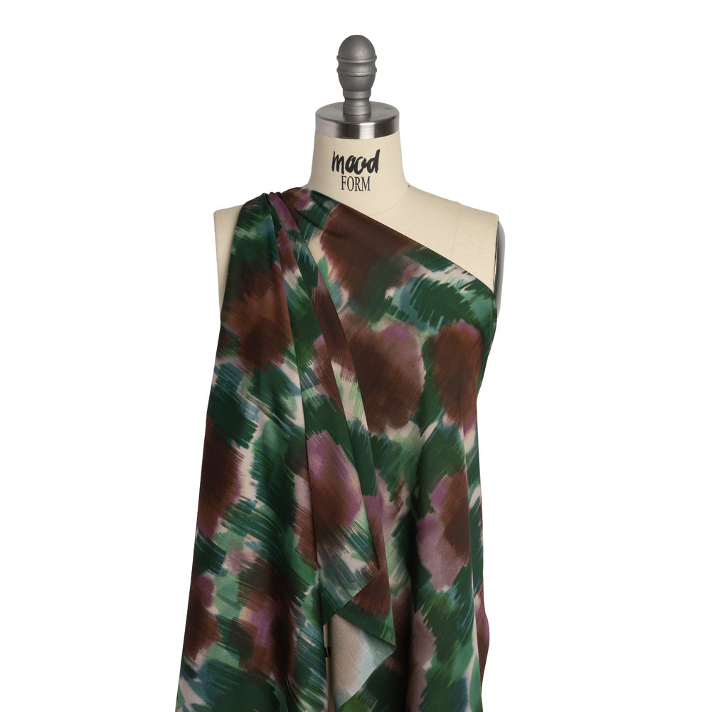 Polyester Charmeuse - Hunter Green, Brown and Plum Purple Brushstrokes - Made in Italy
