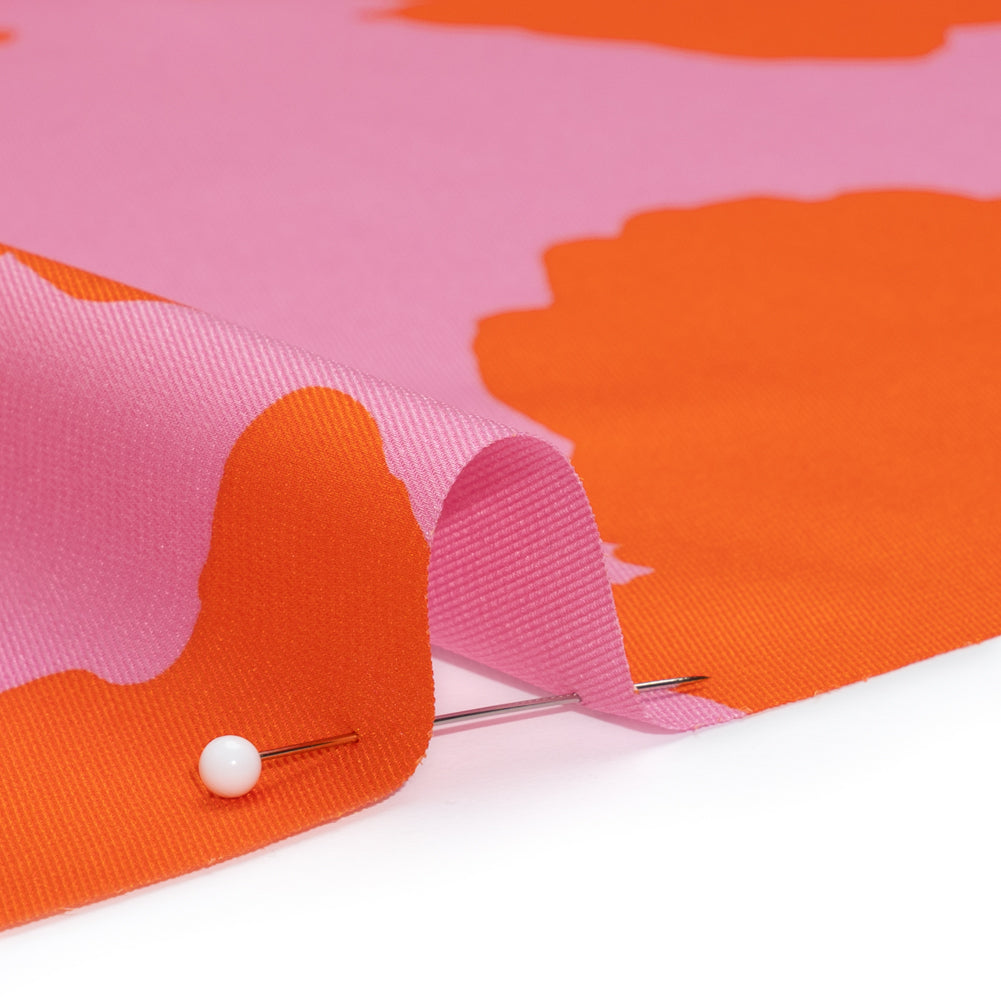 Polyester Twill - Pink and Red-Orange Florals and Striped Borders - Made in Italy
