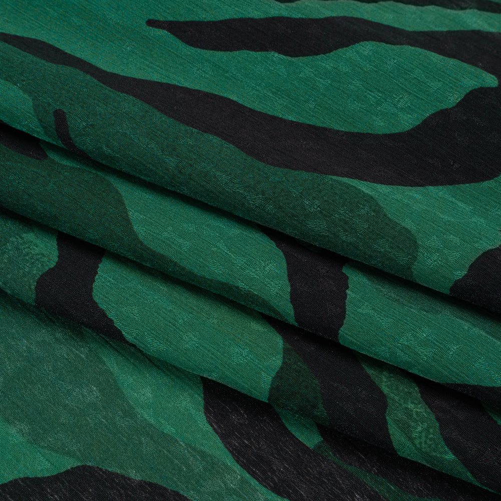Geometric Crinkled Polyester Jacquard - Green and Black Animal Stripes - Made in Italy