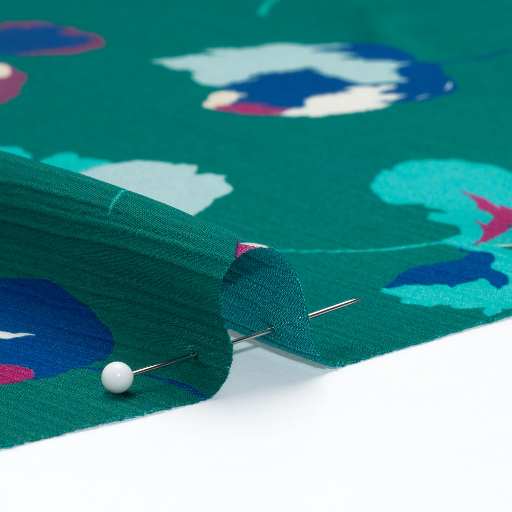 Crinkled Polyester Charmeuse - Teal, Blue and Magenta Floral - Made in Italy