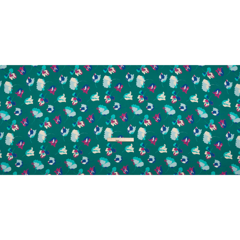 Crinkled Polyester Charmeuse - Teal, Blue and Magenta Floral - Made in Italy
