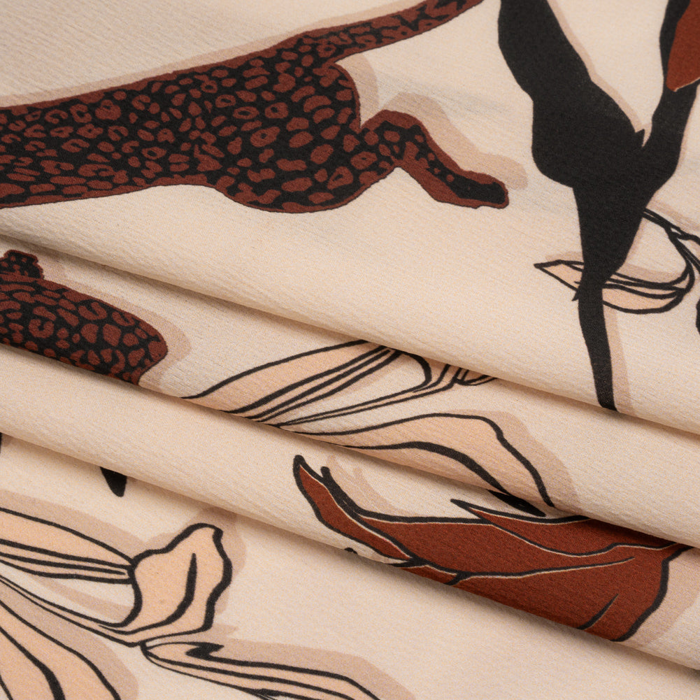 Polyester Satin-Faced Seersucker - Beige and Russet Leopards and Flowers - Made in Italy
