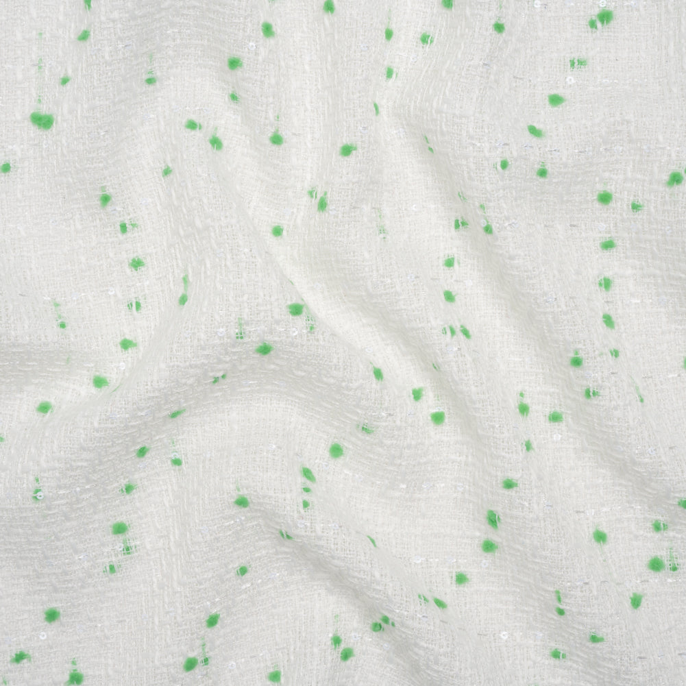 Polyester Pom Pom Tweed with Baby Sequins - White and Kelly Green - Deadstock