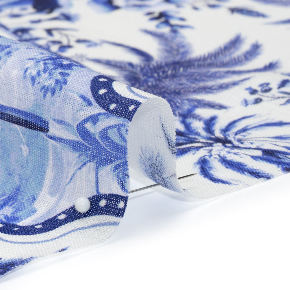 Lightweight Linen Woven - Blue and White Palms in Paradise
