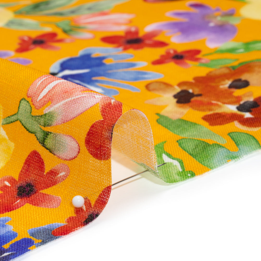 Lightweight Linen Woven - Purple, Yellow and Green Petal Drift Florals on Saffron Yellow