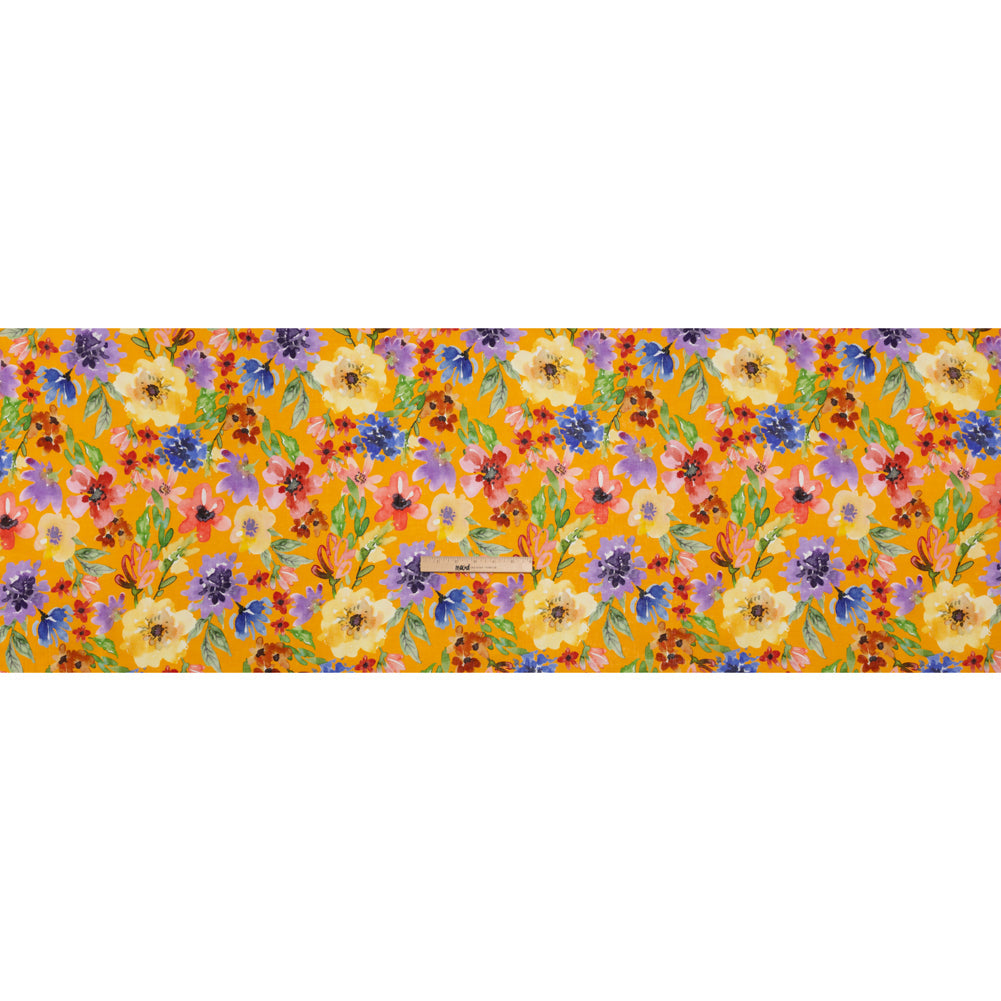 Lightweight Linen Woven - Purple, Yellow and Green Petal Drift Florals on Saffron Yellow