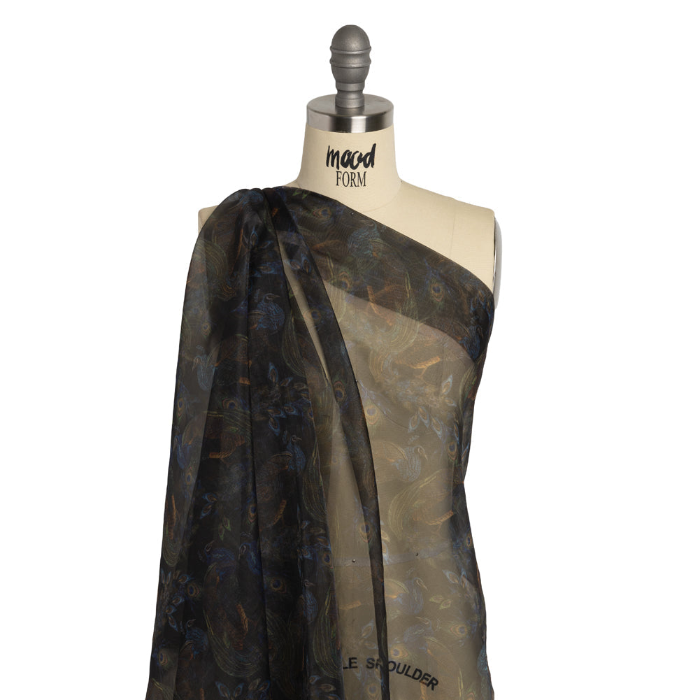 Polyester and Viscose Organza - Blue and Green Peacocks on Black