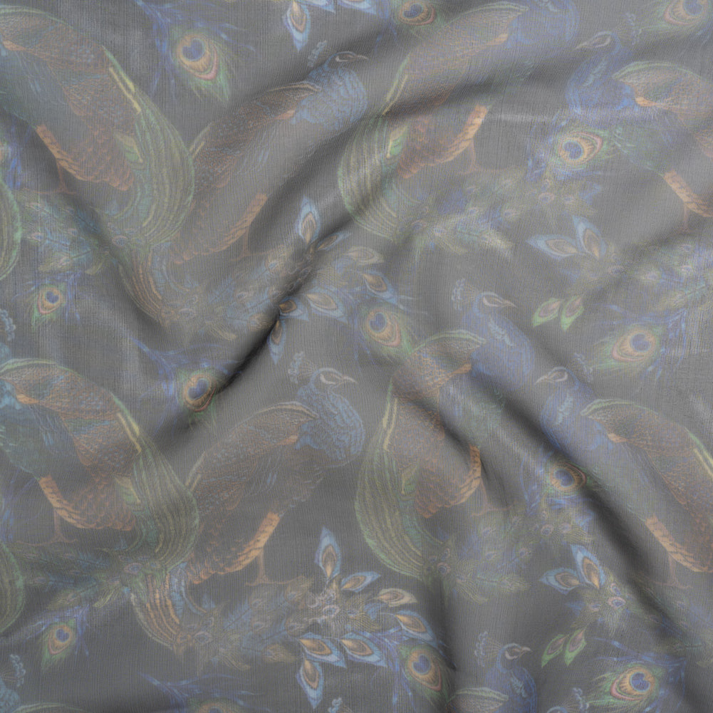 Polyester and Viscose Organza - Blue and Green Peacocks on Black