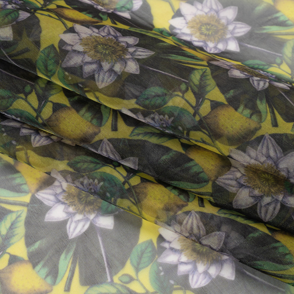 Polyester and Viscose Organza - Yellow and Green Lemons and Lily Pads