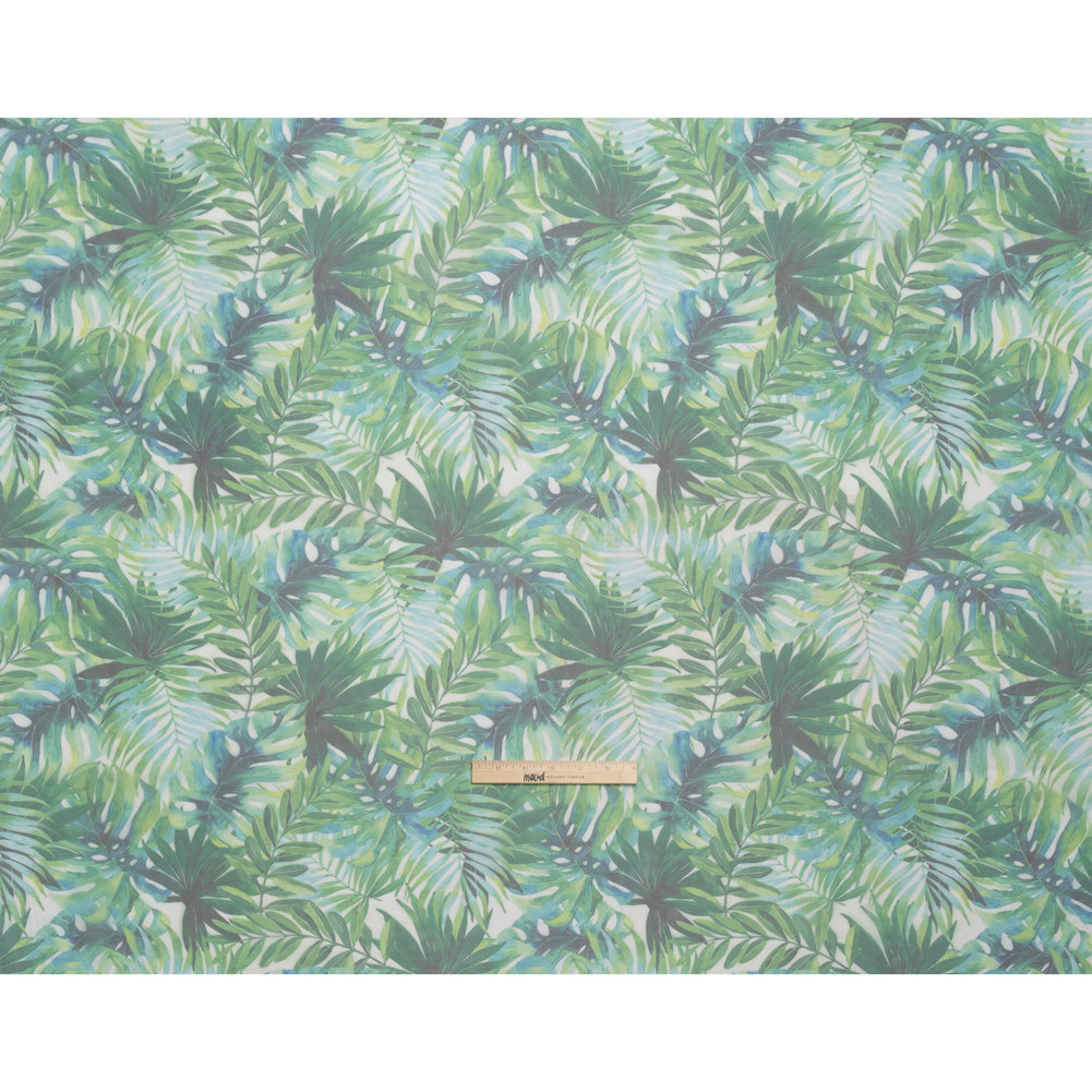Polyester and Viscose Organza - Green and Sky Blue Topical Leaves