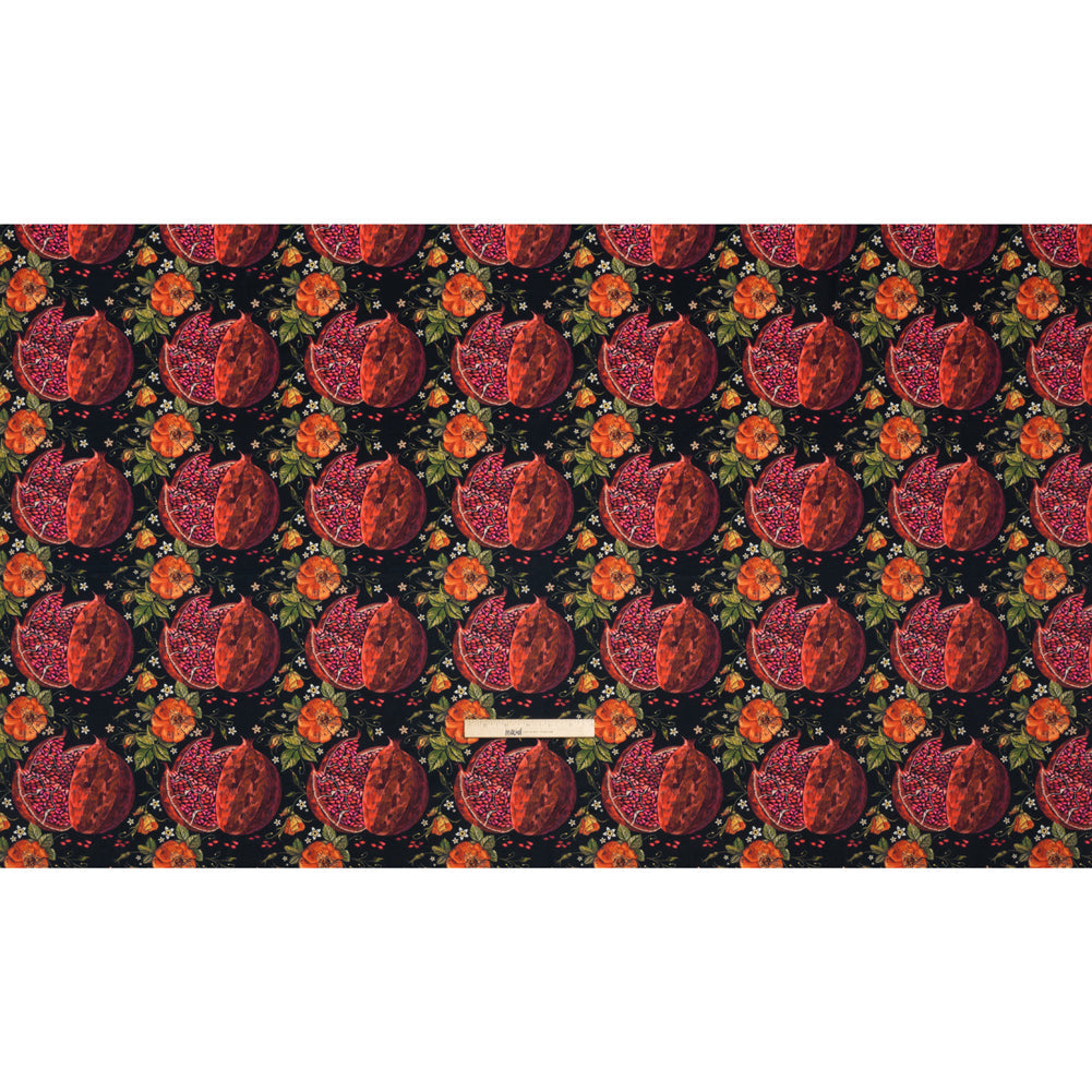 Polyester Microvelvet - Red, Green and Black Pomegranates and Flowers