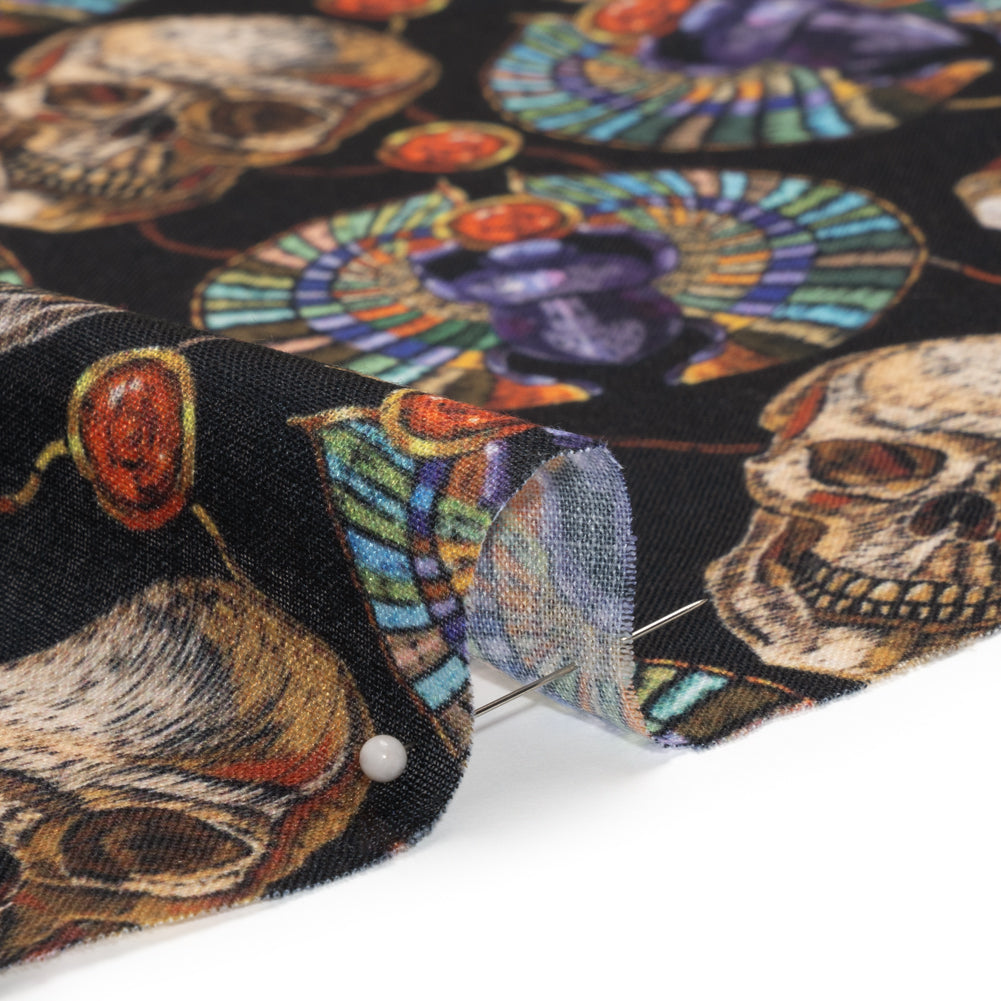 Medium Weight Linen and Cotton Woven - Black, Green and Red Scarab Beetles and Skulls