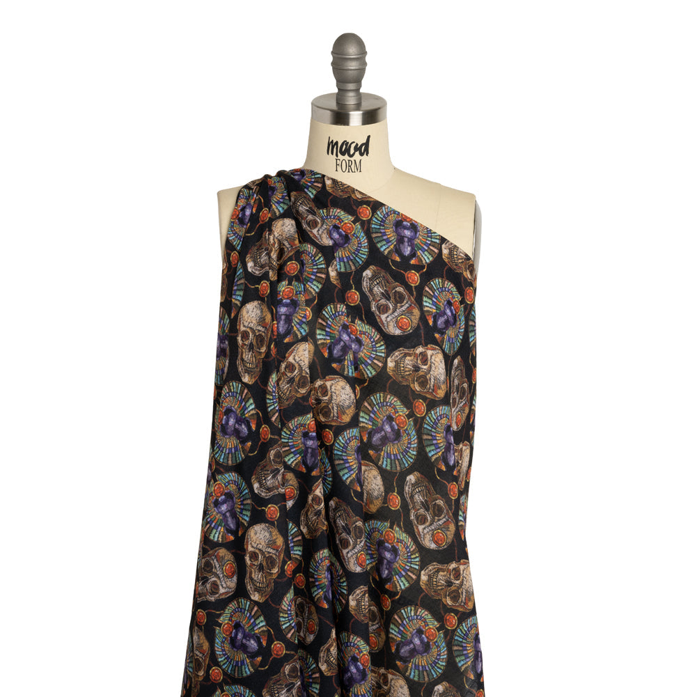 Medium Weight Linen and Cotton Woven - Black, Green and Red Scarab Beetles and Skulls