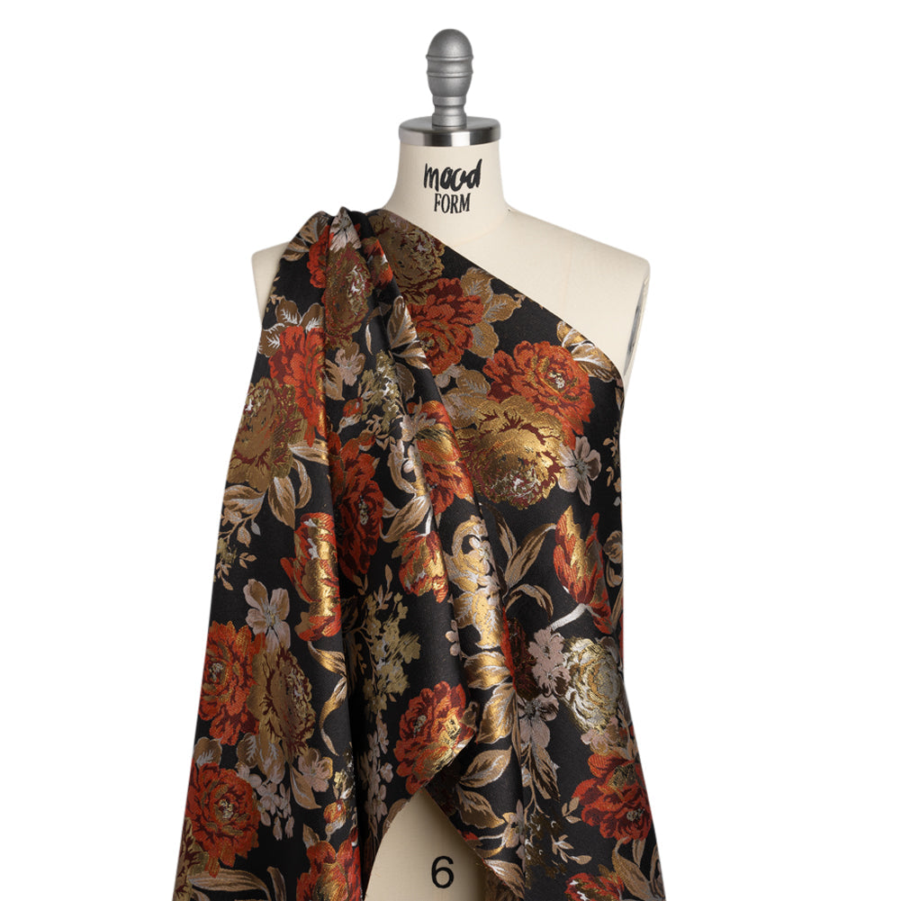 Metallic Luxury Brocade - Black, Red and Bronze Classic Flowers