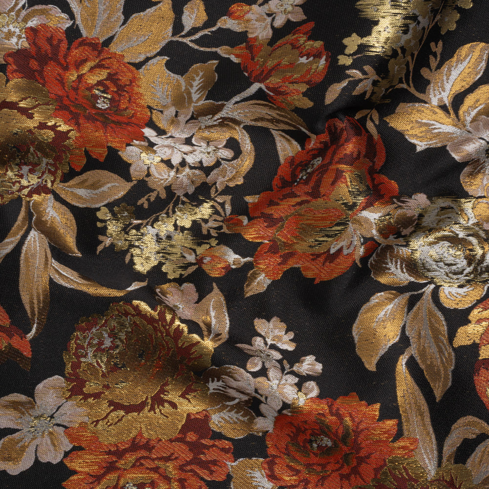Metallic Luxury Brocade - Black, Red and Bronze Classic Flowers