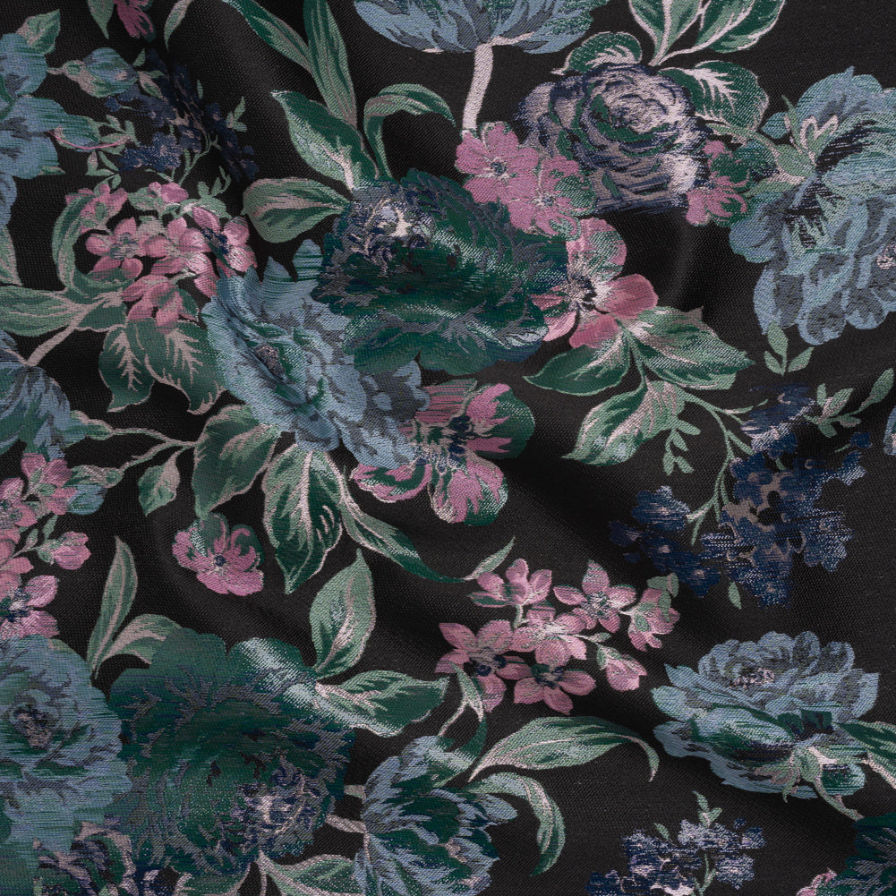 Metallic Luxury Brocade - Black, Blue and Baby Pink Classic Flowers