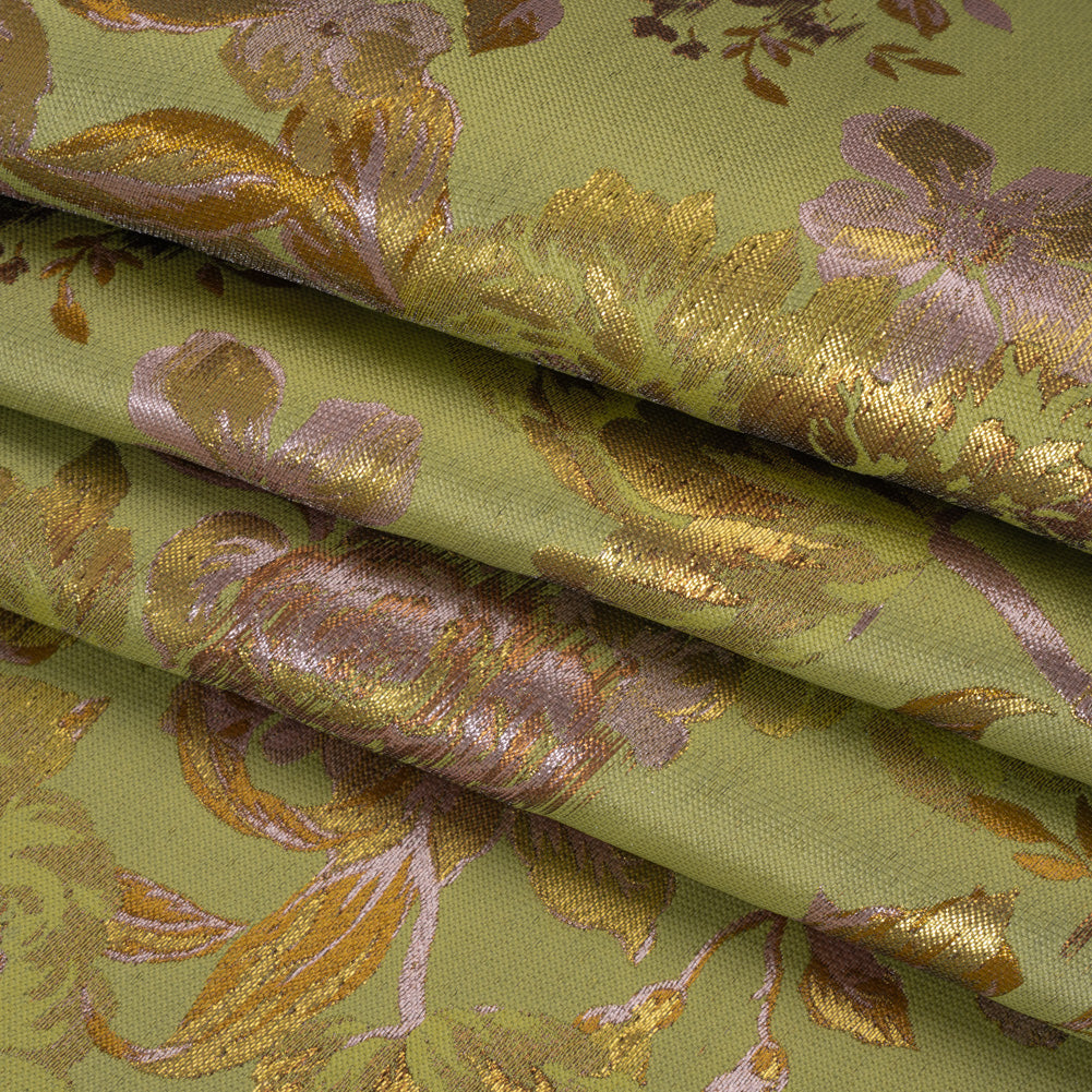 Metallic Luxury Brocade - Wasabi Green, Gold and Pale Pink Classic Flowers