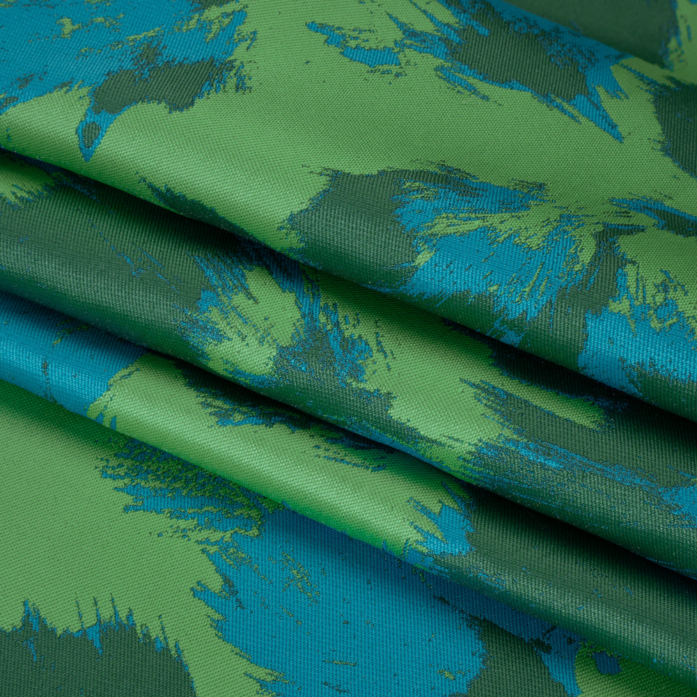 Luxury Polyester Brocade - Cerulean Blue, Summer Green, and Forest Abstract Brushstrokes