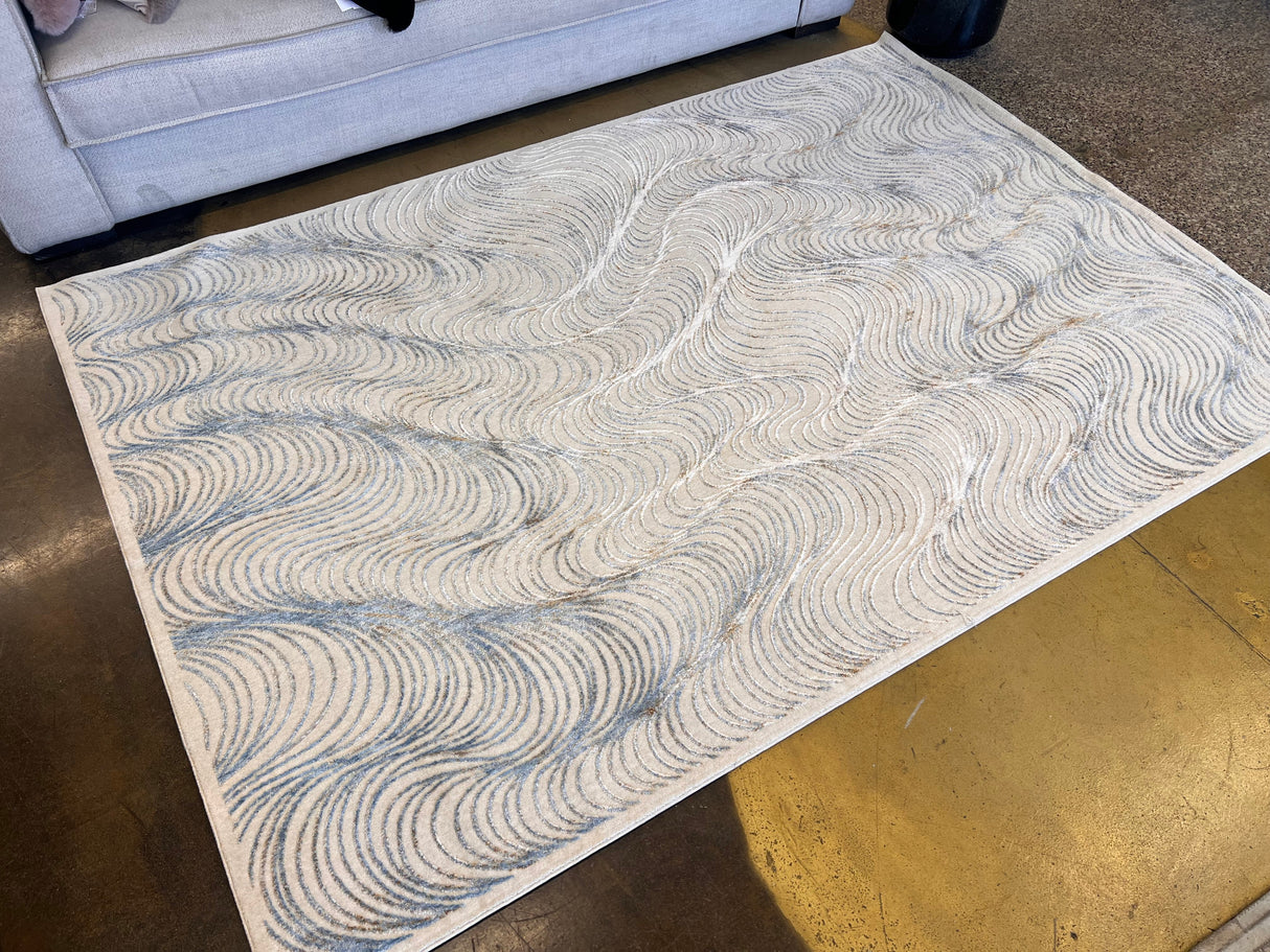 KAI 304 Polyester Fabric - Cream Rug With Blue, Gold-Brown & Silver Viscose Swirl Accents, Machine Made (5' 3" X 7' 4" / 7' 9" X 10' 9" / 10' X 13")