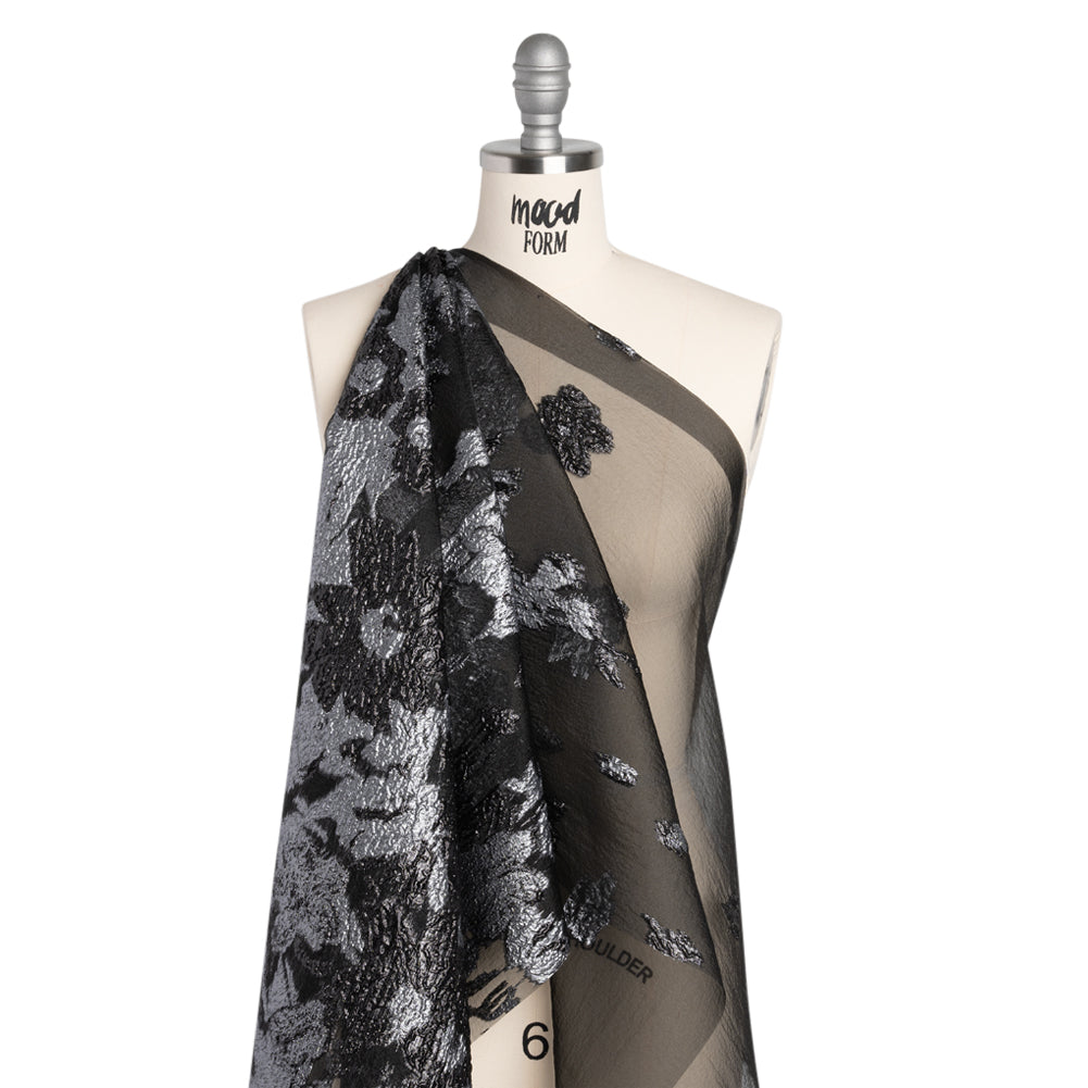 Metallic Luxury Burnout Brocade - Pale Blue and Black Floral Border