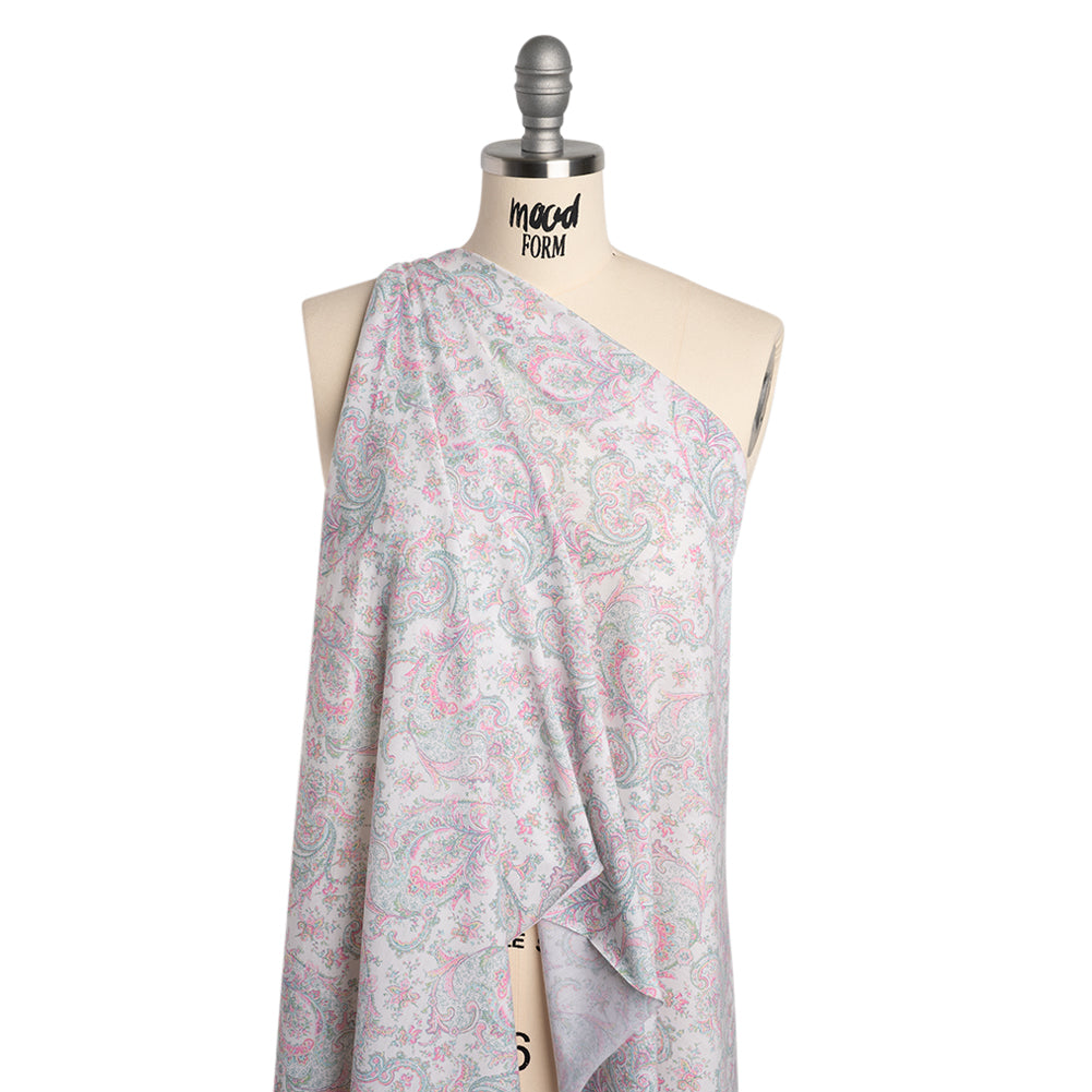 Cotton and Polyester Jersey Print - Ivory, Pastel Green and Pink Delicate Paisley - Deadstock
