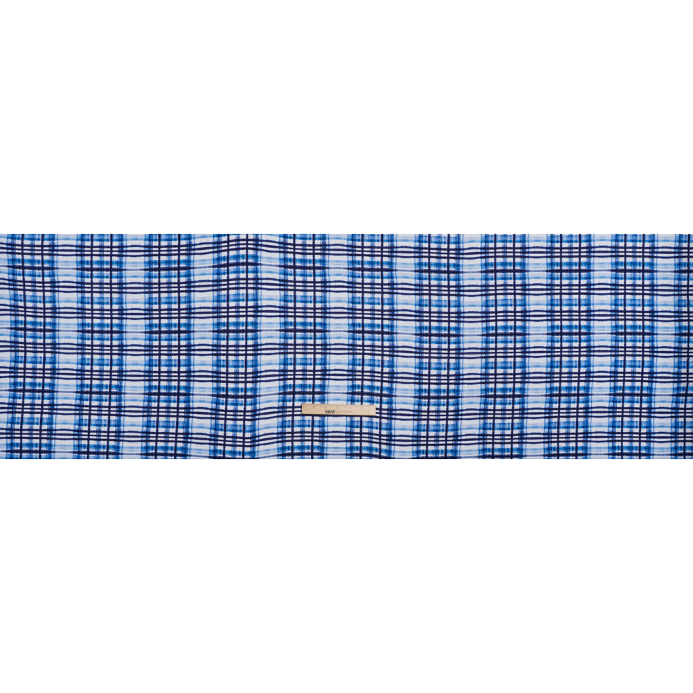 Stretch Rayon Jersey Print - Navy, Blue and White Painterly Plaid - Deadstock