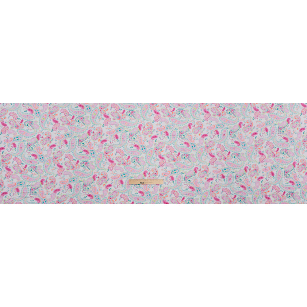 Stretch Rayon Jersey Print - Pink, Teal and Orange Paisleys on White - Deadstock