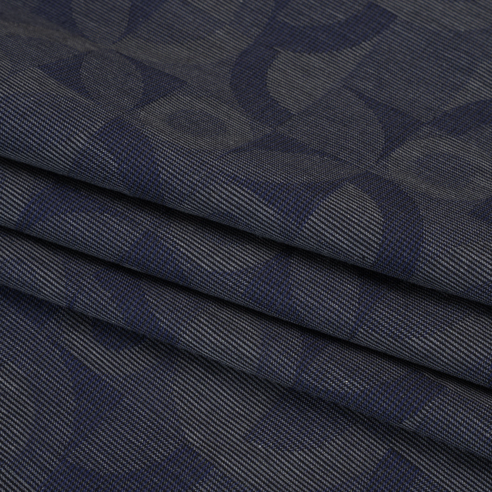 Cotton Dobby Shirting - Navy Blue and Gray Circles in Squares - Deadstock