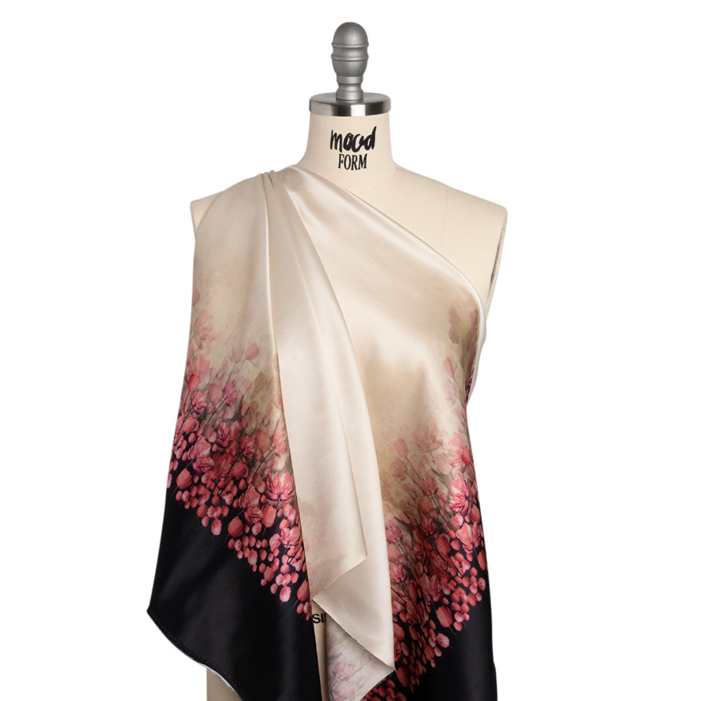 Silk Charmeuse 19mm - Pink, Black and Cream Floral Field Border