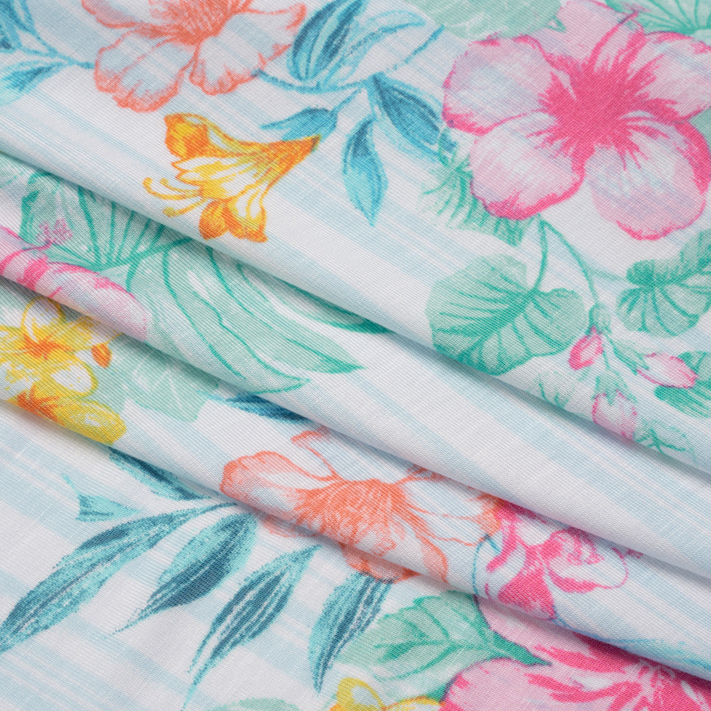 Stretch Rayon Jersey Print - Pale Blue, Coral and Pink Tropical Florals over Stripes - Deadstock