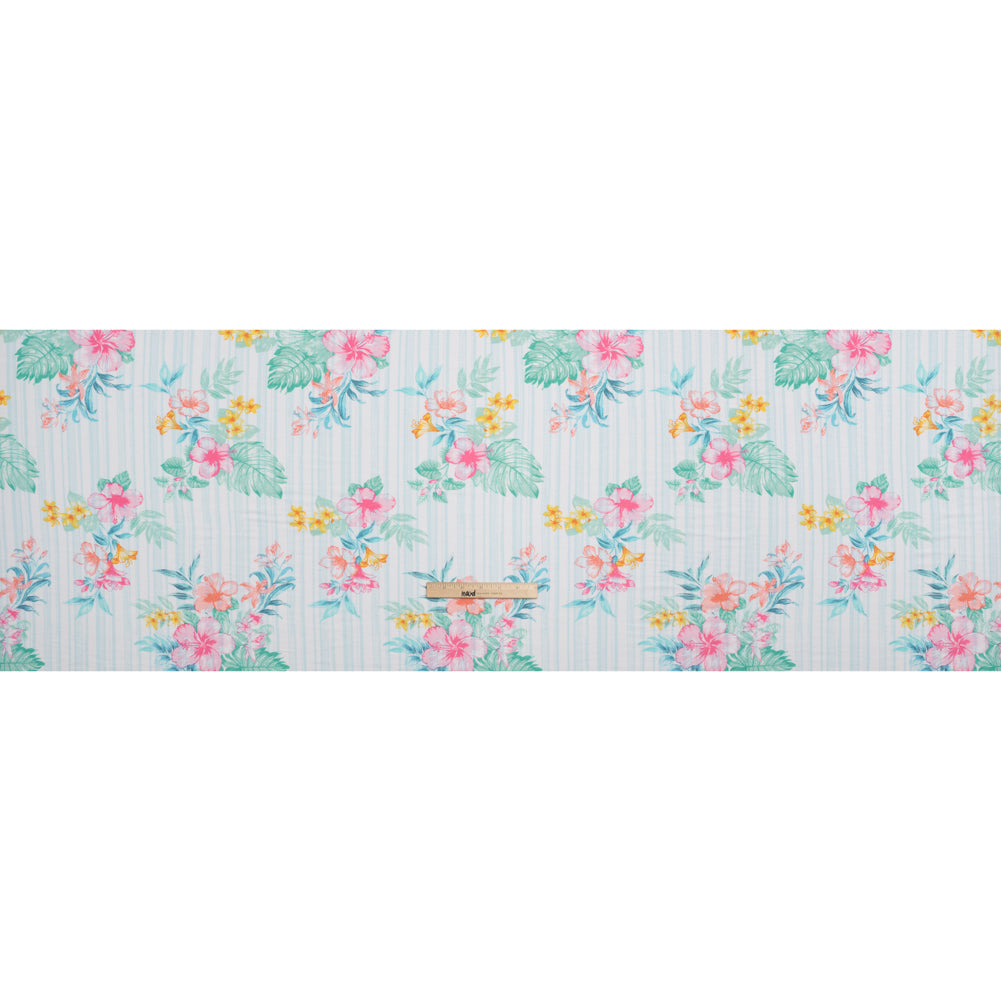 Stretch Rayon Jersey Print - Pale Blue, Coral and Pink Tropical Florals over Stripes - Deadstock