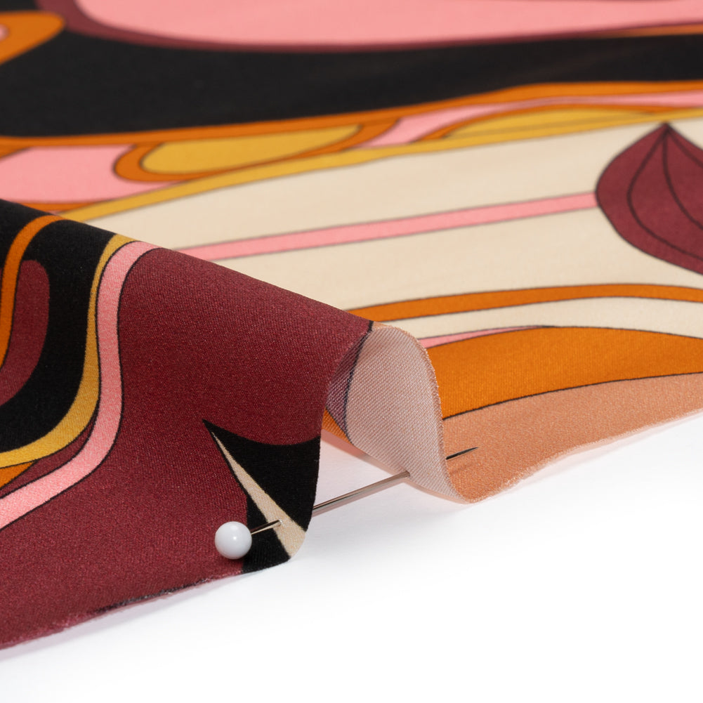 Silk Charmeuse Print - Russet Brown, Orange and Peach Retro Floral Swirl - Made in Italy