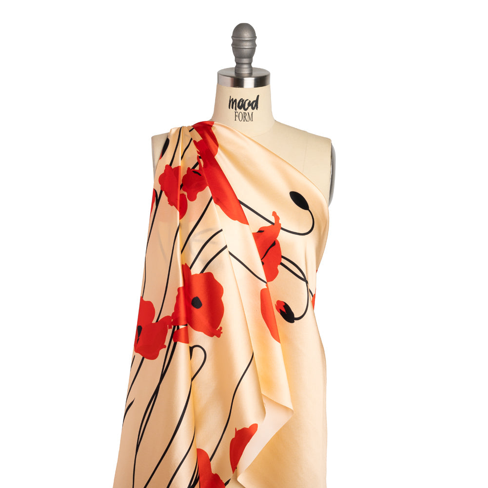 Silk Charmeuse Print - Beige, Red and Black Poppy Stems Border - Made in Italy