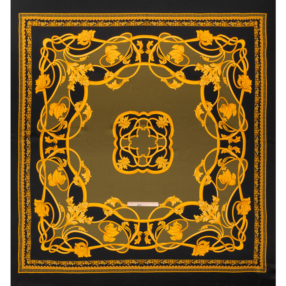 Silk Charmeuse Panel Print - Black, Olive Green and Gold Ornate Florals - Made in Italy