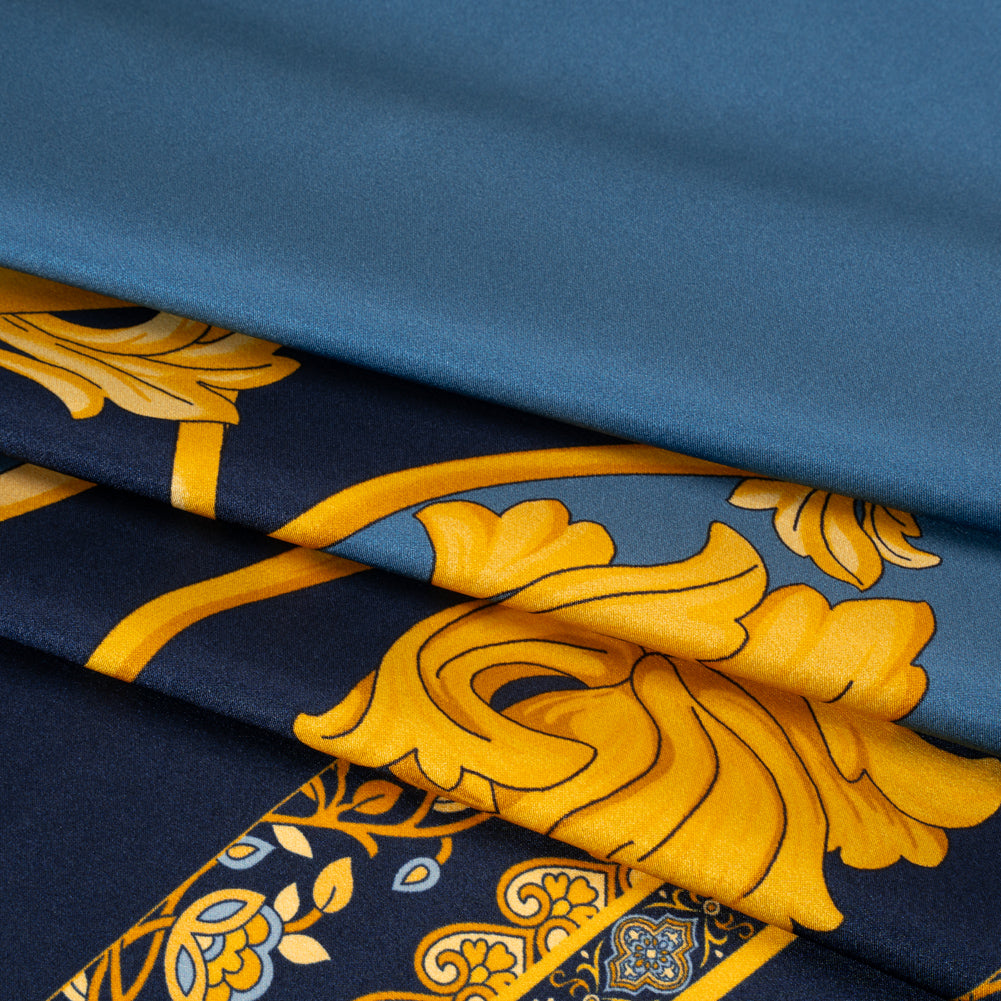 Silk Charmeuse Panel Print - Navy, Country Blue and Gold Ornate Florals - Made in Italy