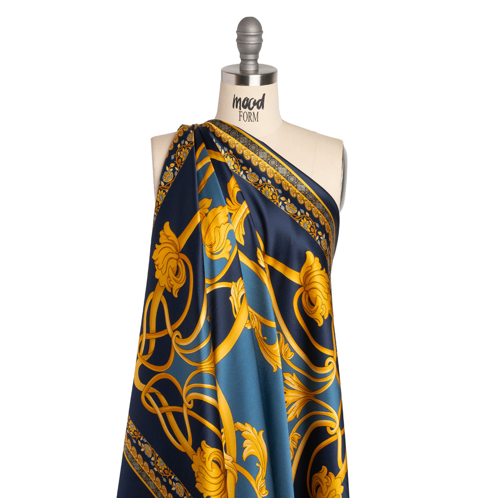 Silk Charmeuse Panel Print - Navy, Country Blue and Gold Ornate Florals - Made in Italy