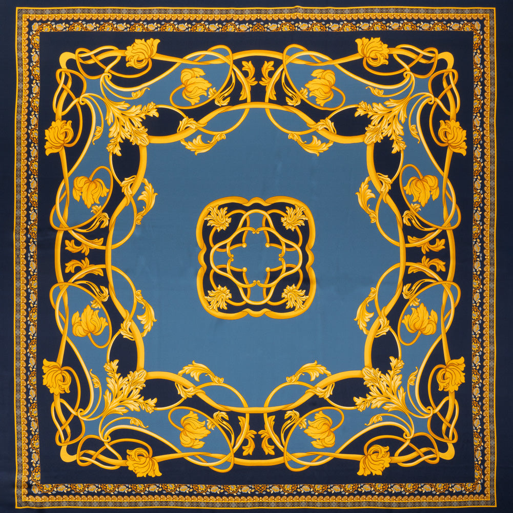 Silk Charmeuse Panel Print - Navy, Country Blue and Gold Ornate Florals - Made in Italy